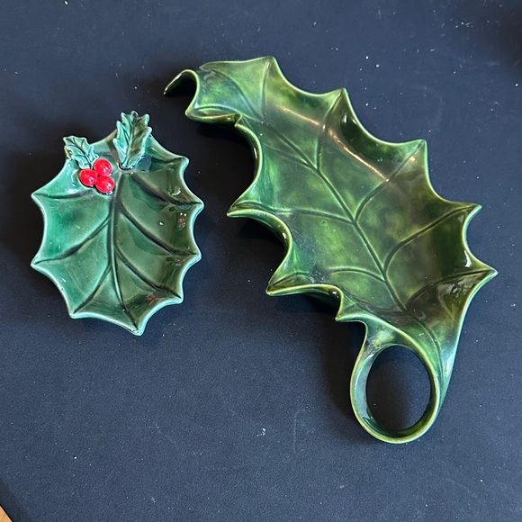 Lefton Green Holly Holiday Christmas Ceramic Dish Set - Picture 1 of 12